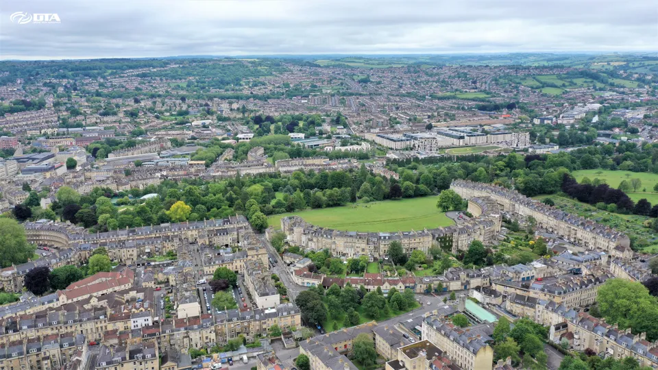 Aerial drone cityscape photograph of Bath, North East Somerset