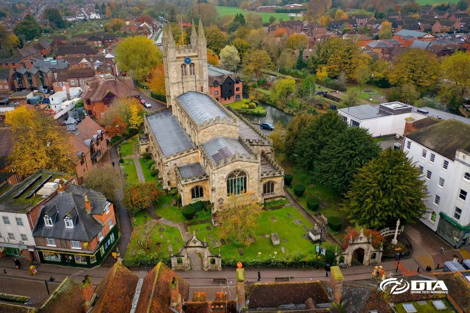 Aerial drone photograph of St Nicholas Church, Newbury, Berkshire