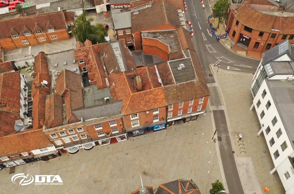 Aerial drone photograph of Wokingham town centre, Berkshire