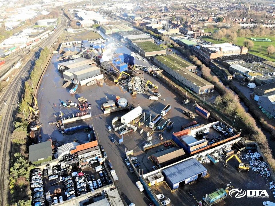 Aerial drone photograph of stockpiles at a recycling site during a volume survey in Birmingham