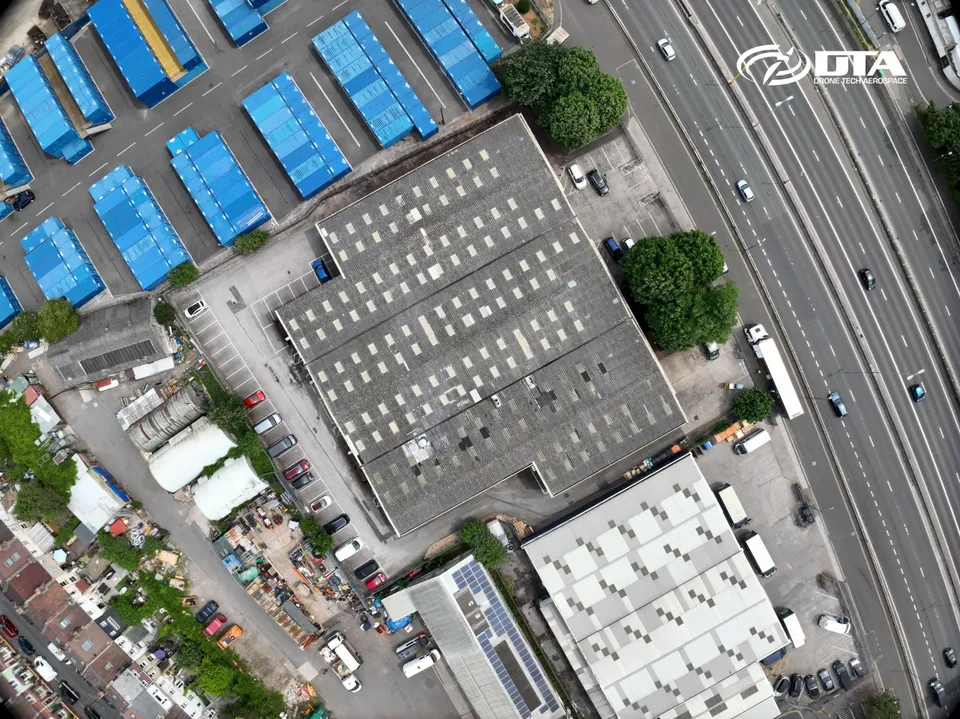 Aerial drone photograph of a commercial roof inspection at New Gatton Road, Bristol