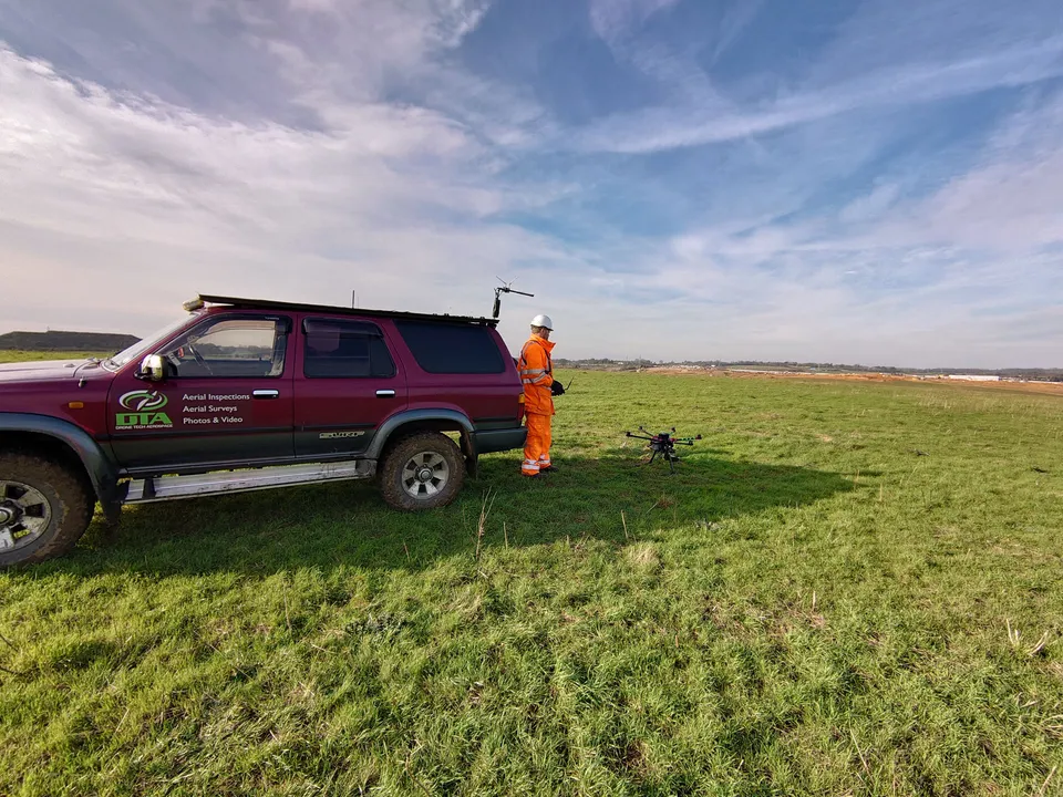Aerial drone photograph taken during a construction topographical survey in Denham, Buckinghamshire