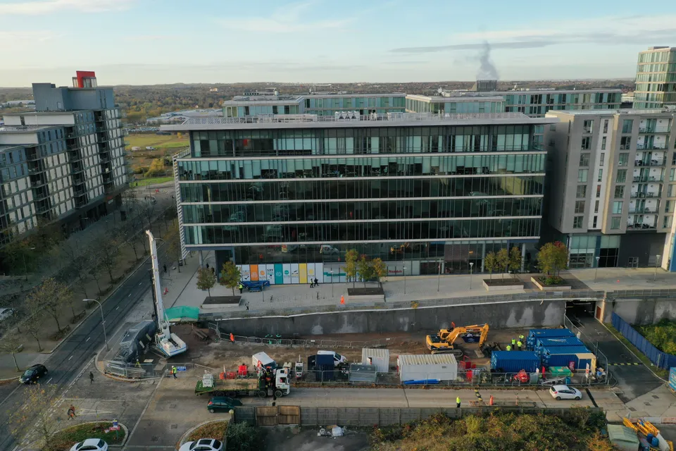 Aerial drone photograph of CBX Metropolitan House during a commercial building inspection in Milton Keynes