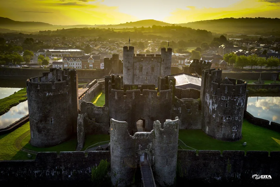 Aerial drone photograph of Caerphilly Castle taken during a heritage-site structural inspection