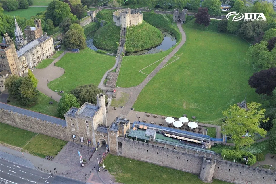 Aerial drone photograph of Cardiff Castle and the surrounding city centre