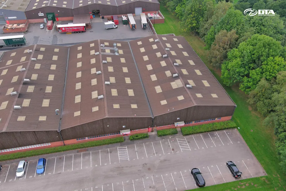 Aerial drone photograph of a commercial roof during an inspection in Cwmbran, South Wales