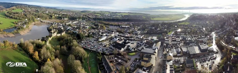 Aerial drone panorama of the Chepstow, South Wales skyline shot during a commercial roof inspection