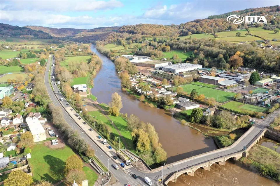 Aerial drone photograph of the A40 crossing the Wye Bridge into Monmouth, South Wales