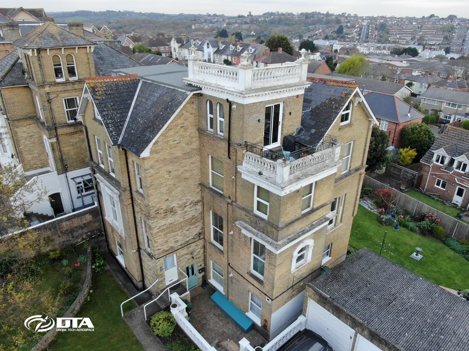 Oblique drone photo of the Vernon Court roof inspection in Ryde, Isle of Wight