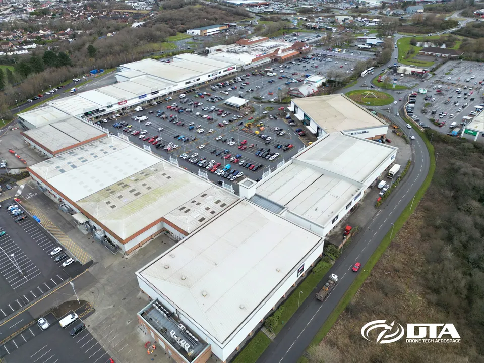 Drone roof inspection at Parc Trostre retail park, Llanelli