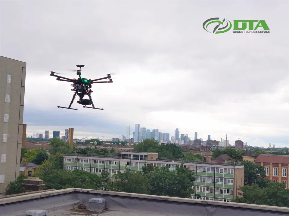 Drone measured building survey of a property in Central London, capturing façade and roof detail for a 3D model