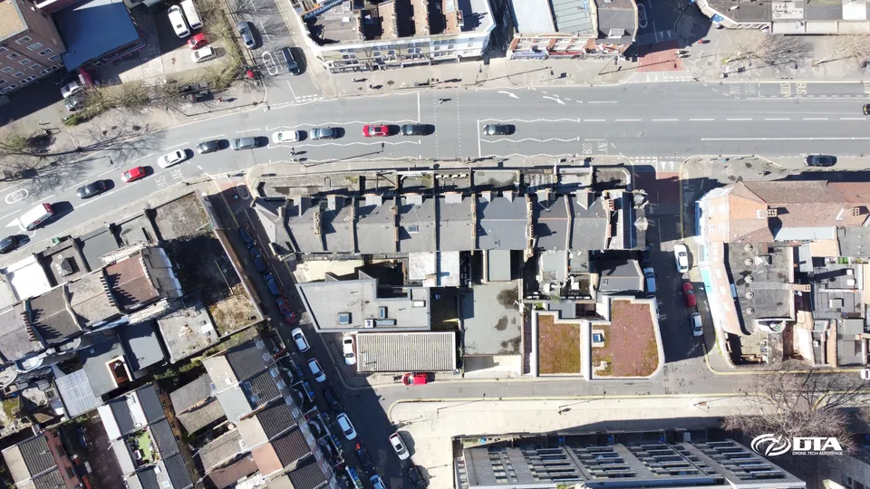Nadir drone photograph of residential property roofs in Central London taken during a drone roof inspection