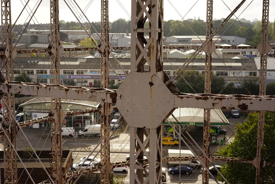 Elevated MAST inspection of an industrial structure in New Southgate, London