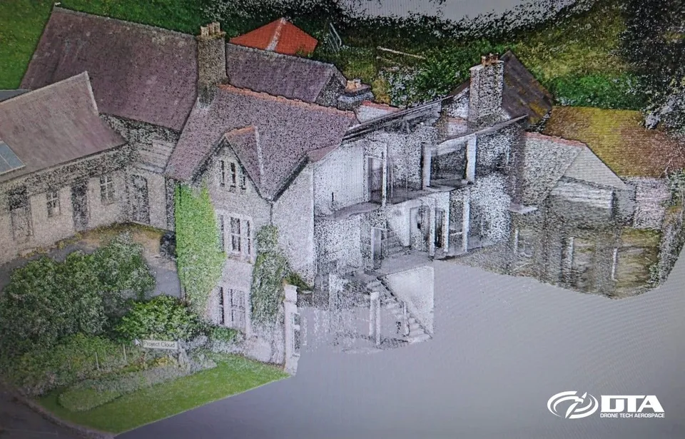 Cross-section of a combined aerial drone, terrestrial and internal building survey point-cloud, Llandrindod Wells