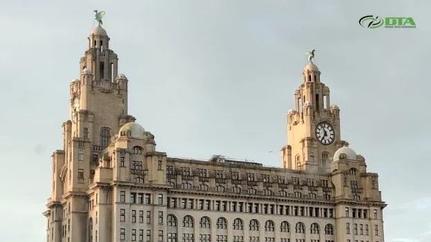 Aerial drone photograph of the Liver Building on Liverpool's waterfront
