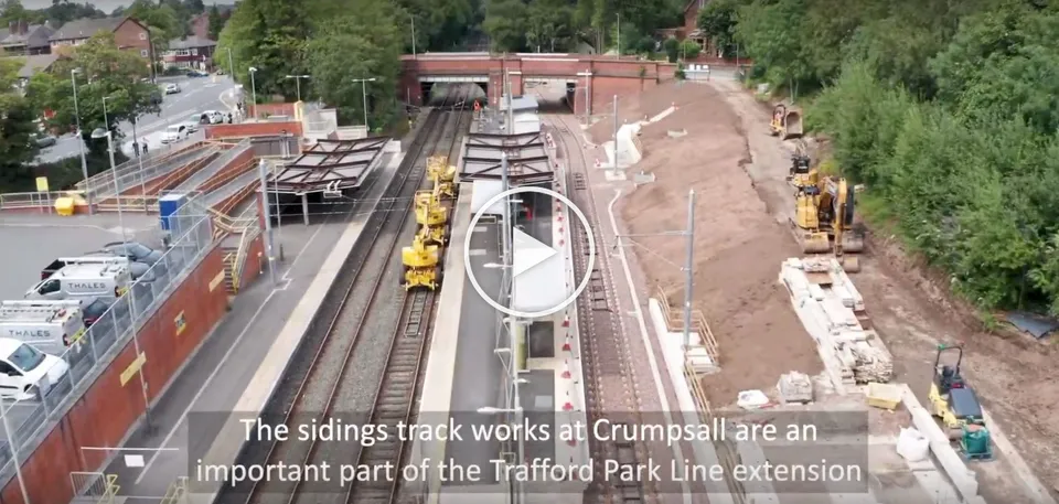 Aerial drone photograph of construction progress on the Trafford Park Line, Manchester, filmed for Transport for Greater Manchester