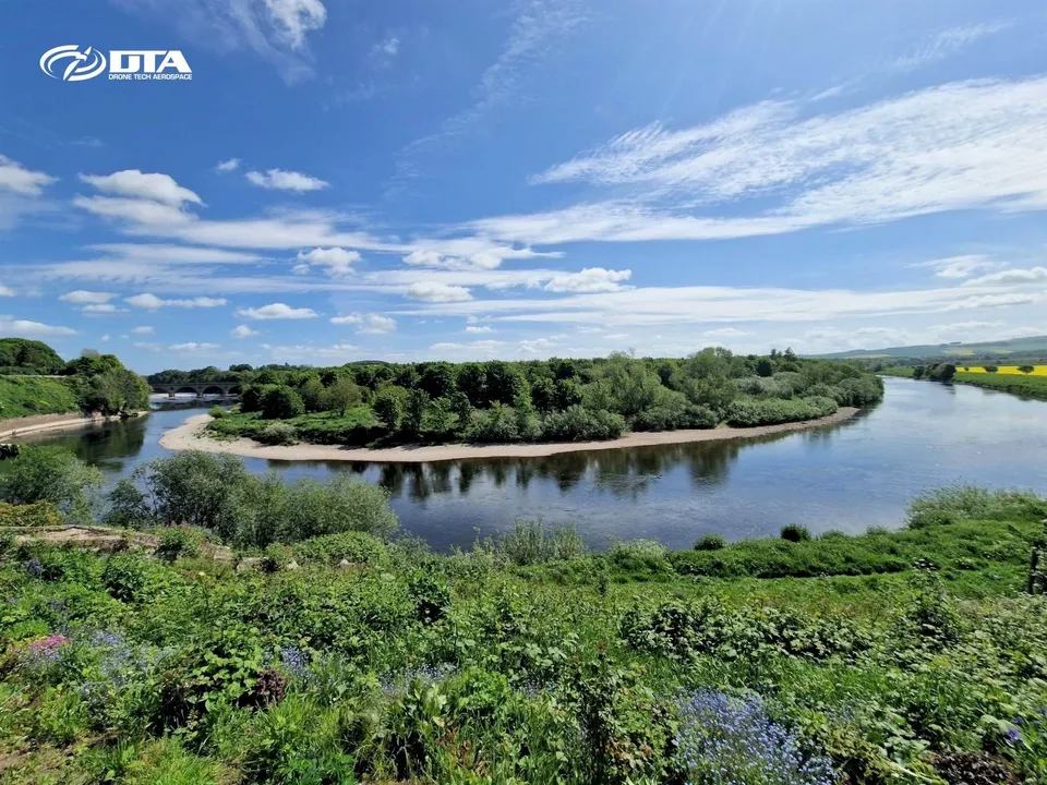 Drone topographical land survey near the River Tweed at Coldstream, Scottish Borders