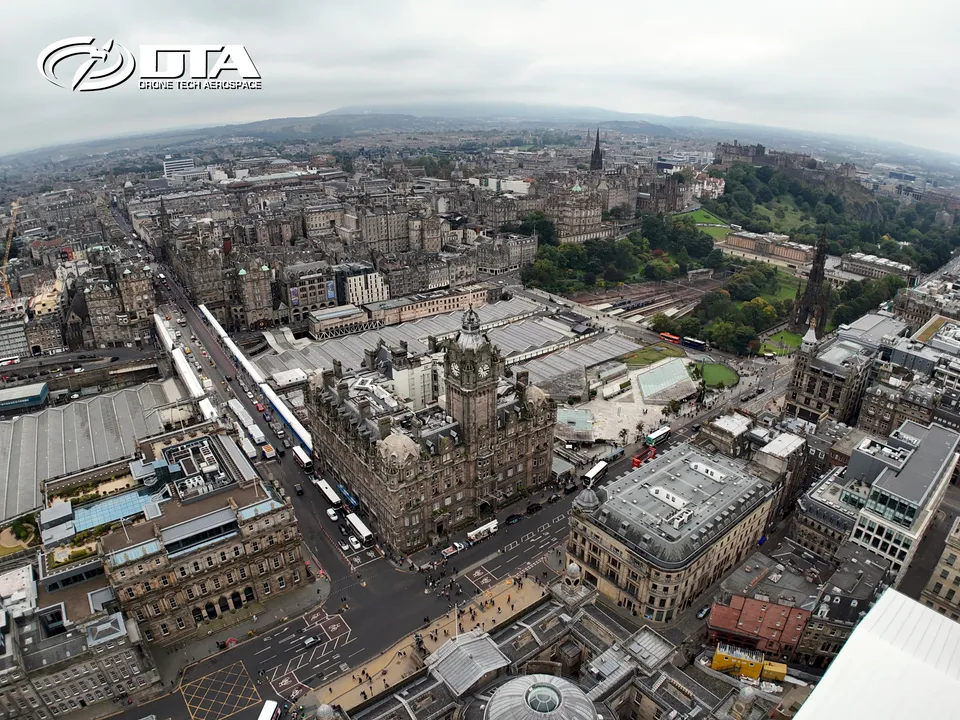 Aerial drone cityscape photograph of Edinburgh, Scotland