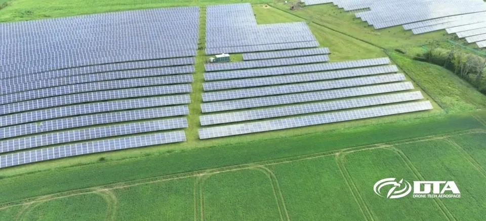 Aerial drone photograph of a solar farm construction and inspection site in Wales