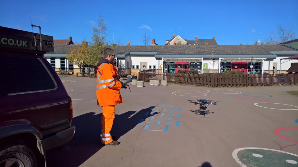 Drone taking off ahead of a roof inspection in Swindon, Wiltshire