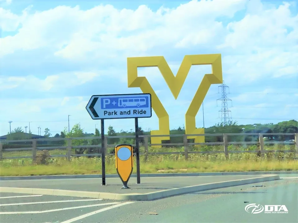 Aerial drone photograph of the Yorkshire Gateway sculpture in Doncaster