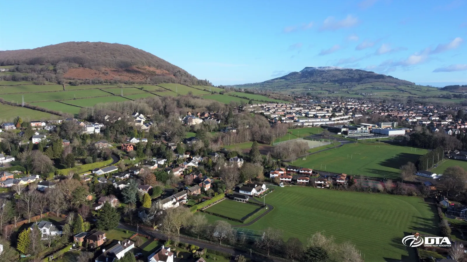 Aerial photograph of a market town set against surrounding hills at Abergavenny.