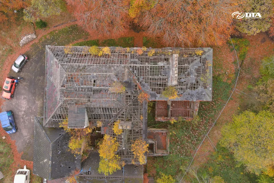 Aerial photograph looking down on the full roof and grounds of a nursing home building at Blaenavon.