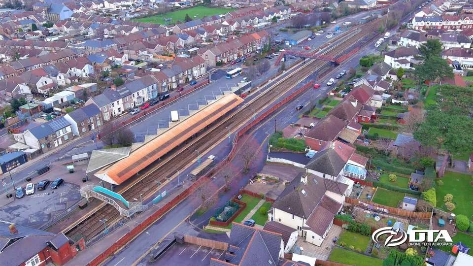 Aerial photograph looking down on a railway station platform and canopy at Caerphilly.