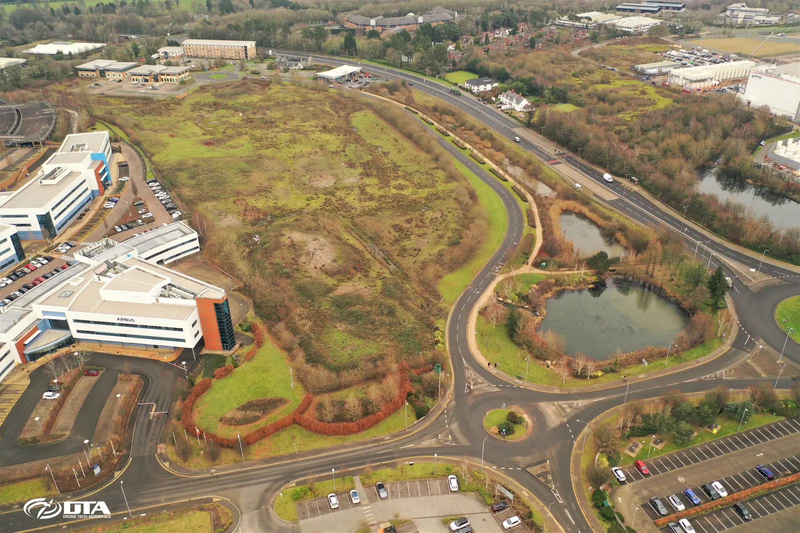 Aerial photograph of an open development site at Celtic Springs business park, captured for a topographical survey.