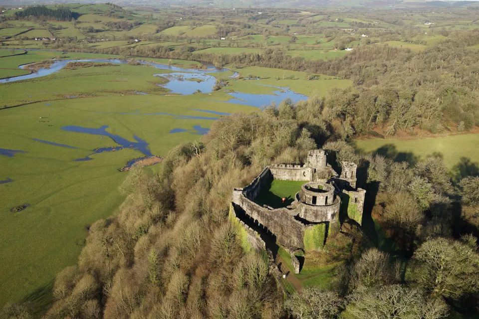 Aerial photograph of woodland and open parkland surrounding a historic deer park at Dinefwr.
