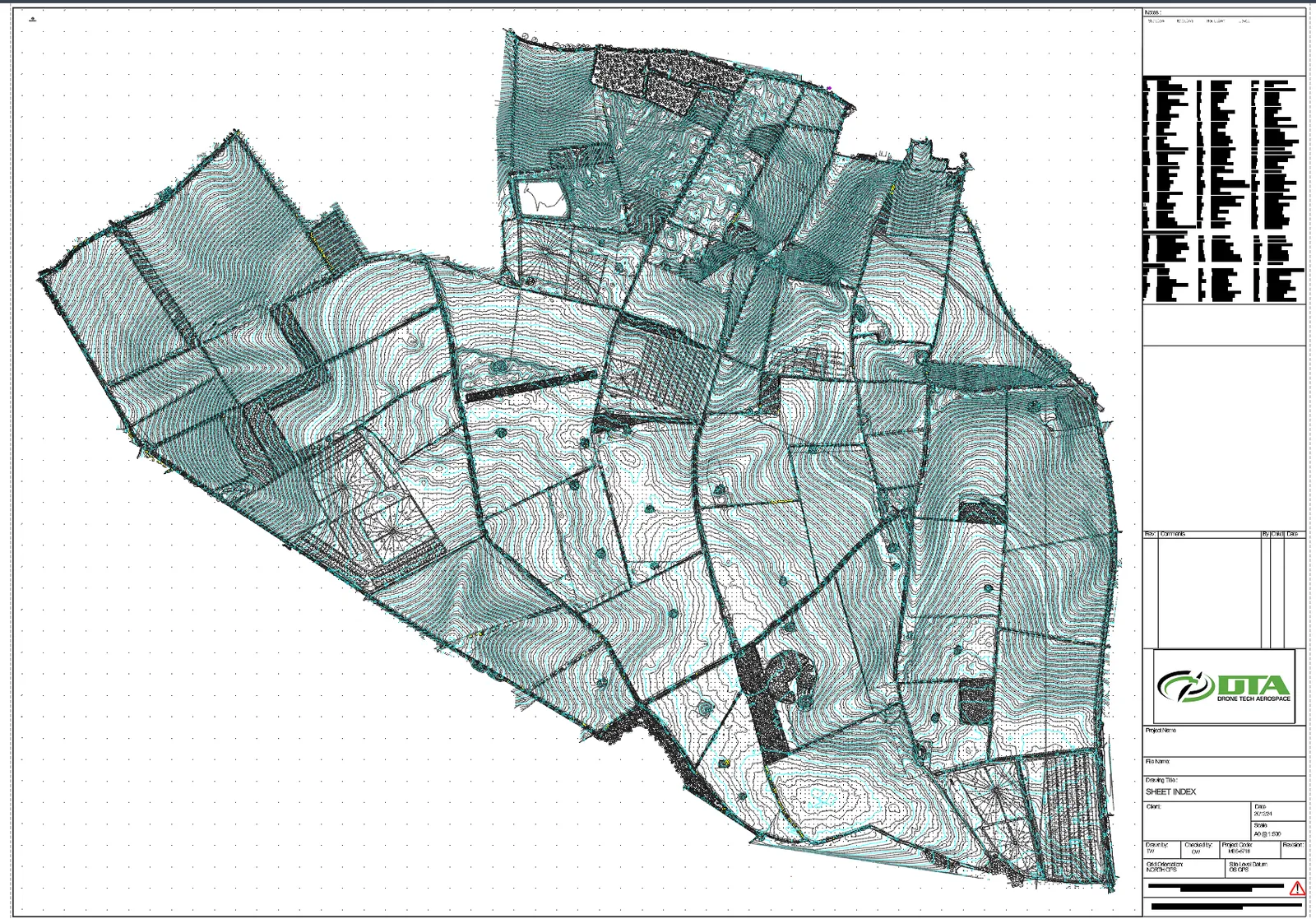 CAD drawing sheet index showing dense contour lines over a large irregular multi-field site outline, with a drawing title block on the right.