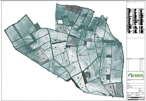CAD drawing sheet index showing dense contour lines over a large irregular multi-field site outline, with a drawing title block on the right.