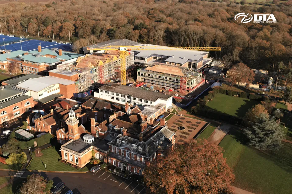 Aerial photograph looking down on a building roof and elevation in Elstree during a measured building survey.