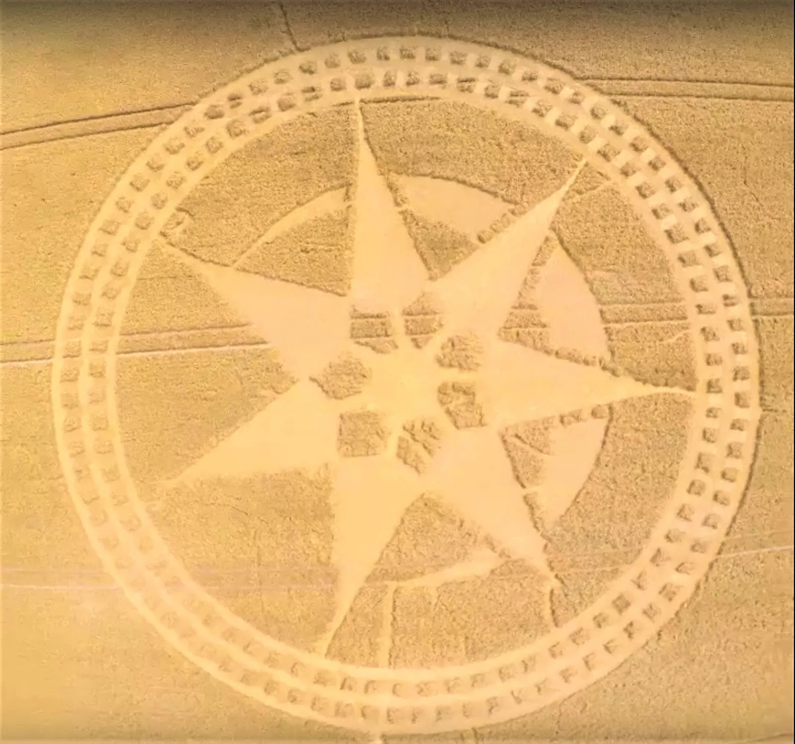 Aerial photograph of a large geometric crop circle pattern cut into a field of crops.
