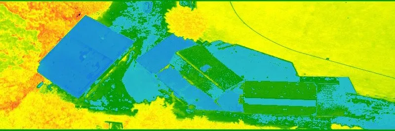 Colour-coded NDVI map of farmland showing variation in crop health across a field.