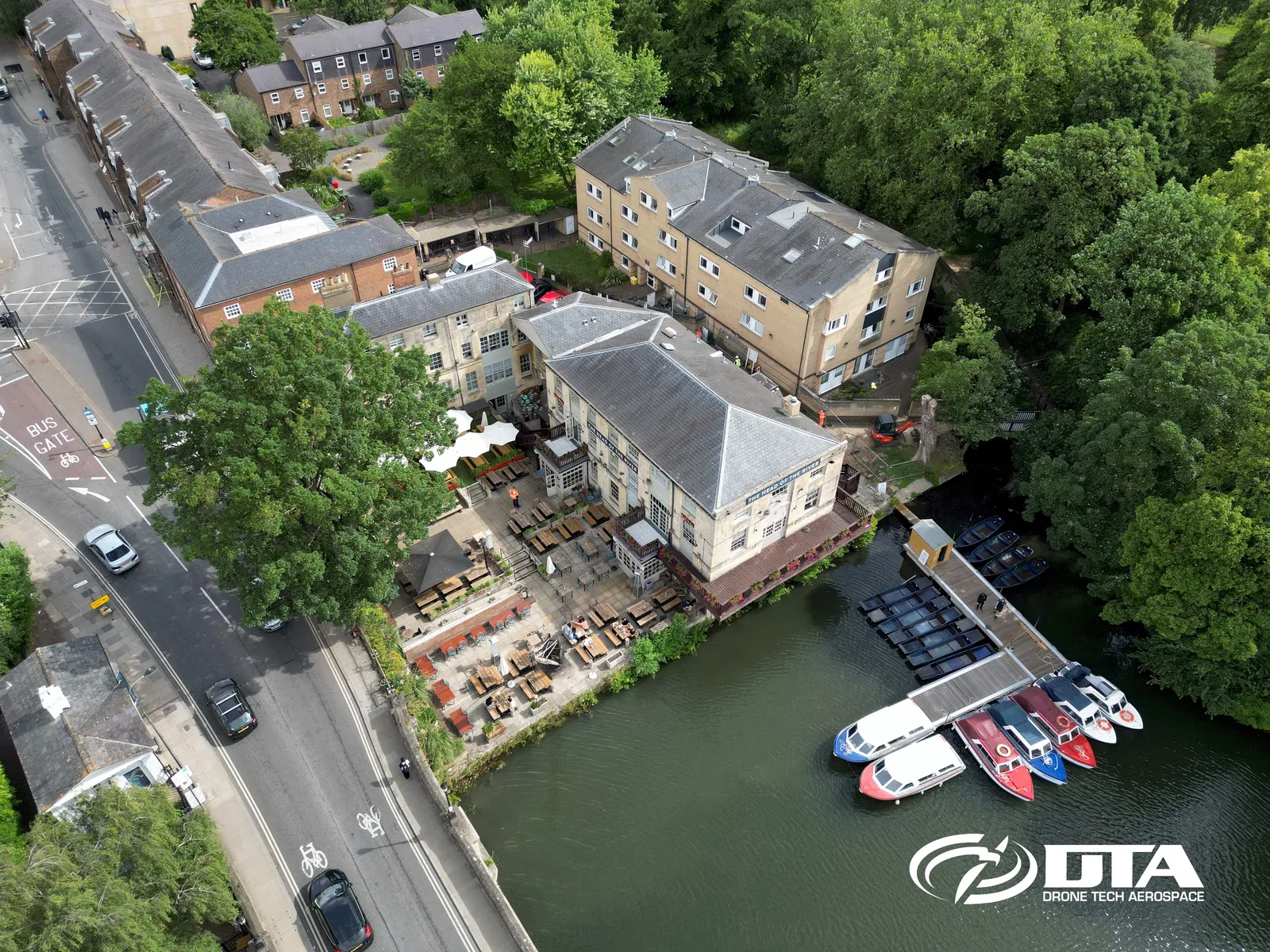 Aerial photograph of a riverside pub building in Oxford showing roof and facade detail.