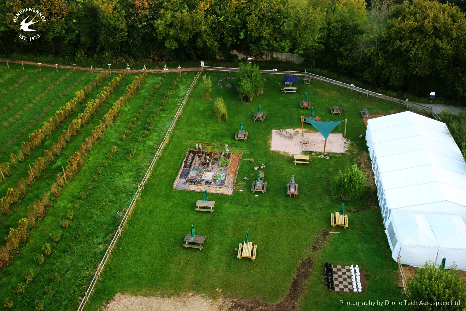 Aerial photograph of a farm shop, pick-your-own fields and picnic area at Hendrewennol.