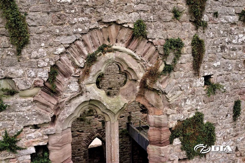 Aerial photograph of a historic stone structure near Chepstow showing weathered masonry and ruined sections.