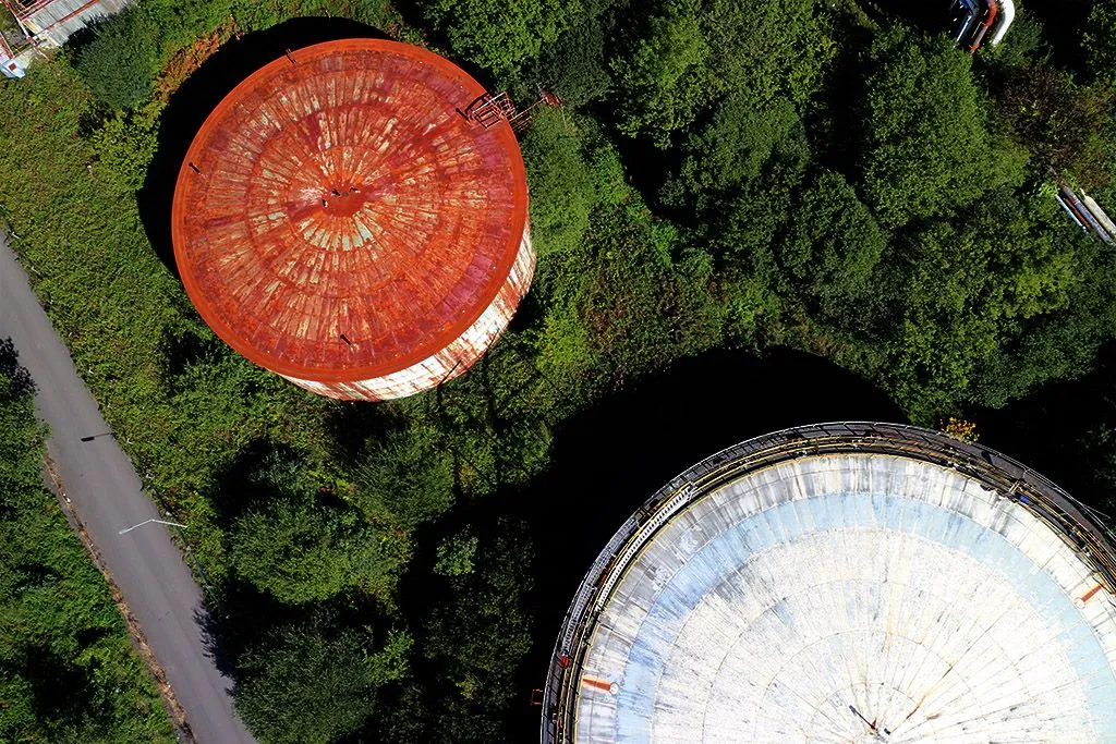 Aerial photograph of a derelict industrial structure captured ahead of demolition works.