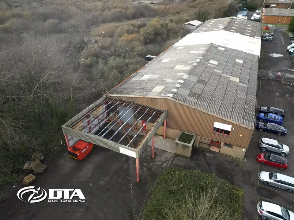 Aerial photograph looking down on an industrial unit roof at Kenfig Industrial Estate.