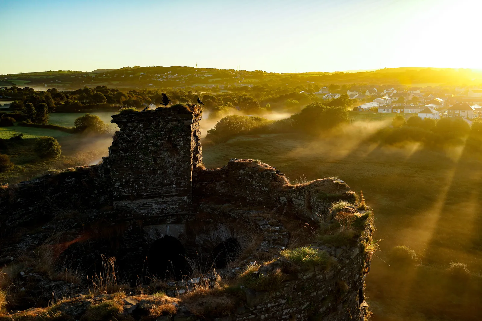 Aerial photograph of a stone castle with round towers and a curtain wall at Kidwelly.