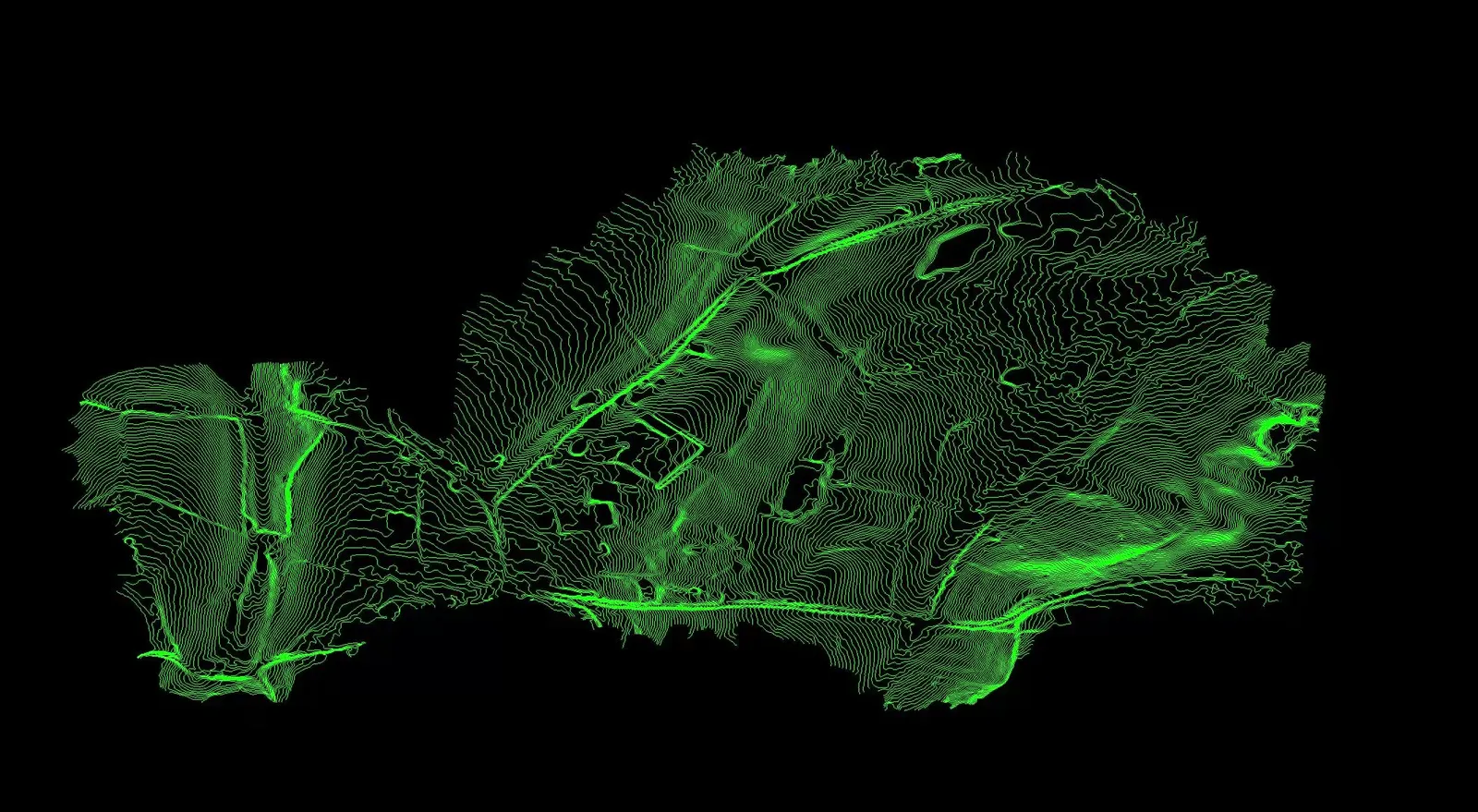 Dense green contour lines tracing the ground surface of a large estate on a black background, with tracks and valleys visible in the line pattern.