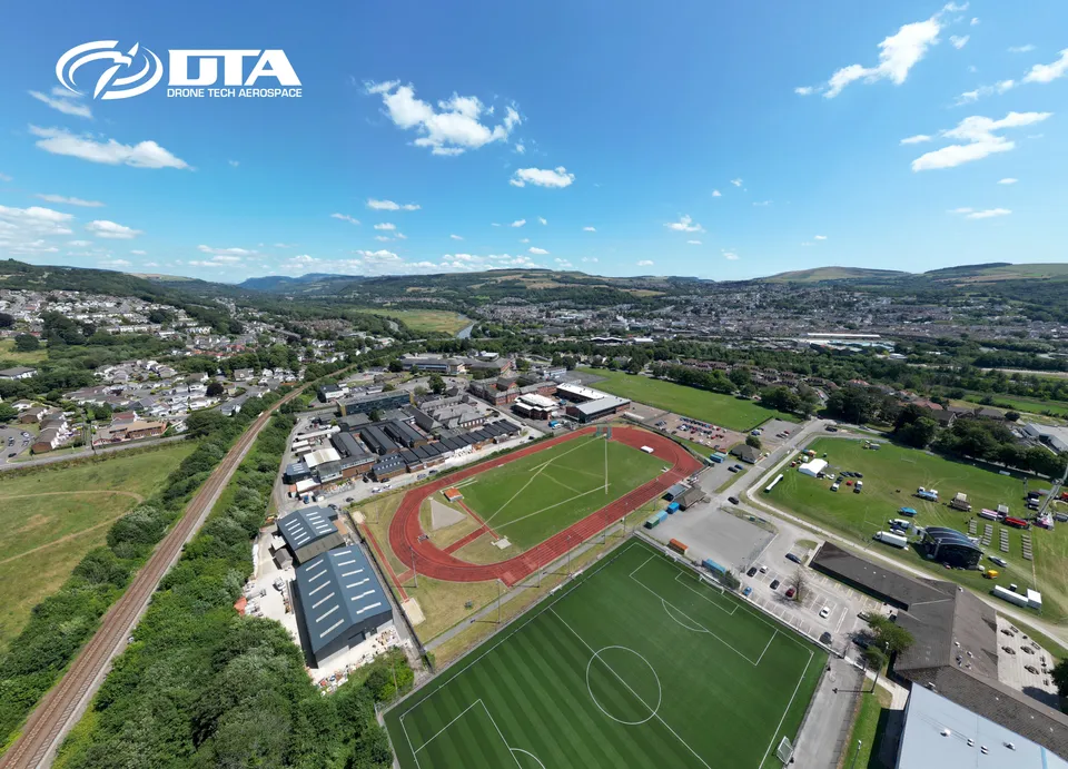 Aerial photograph of a college campus with modern buildings and landscaped grounds at Neath.