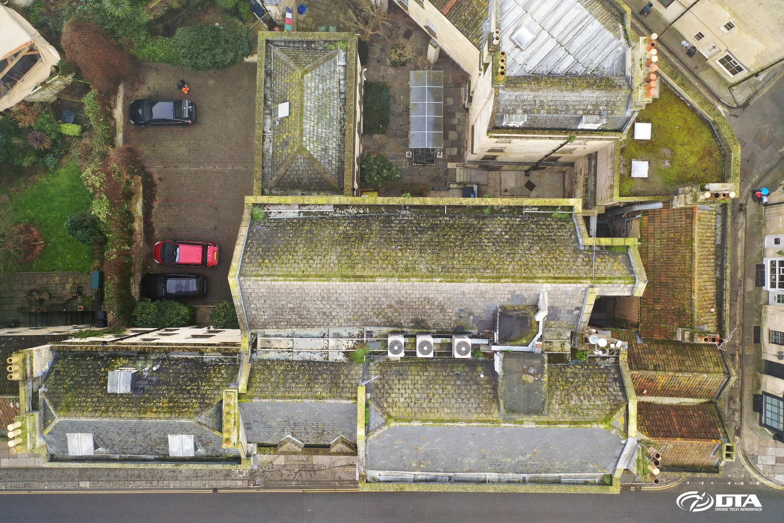 Aerial photograph looking down on the roof of a sports facility building in Bath.