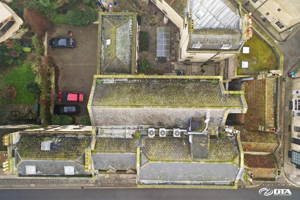 Aerial photograph looking down on the roof of a sports facility building in Bath.