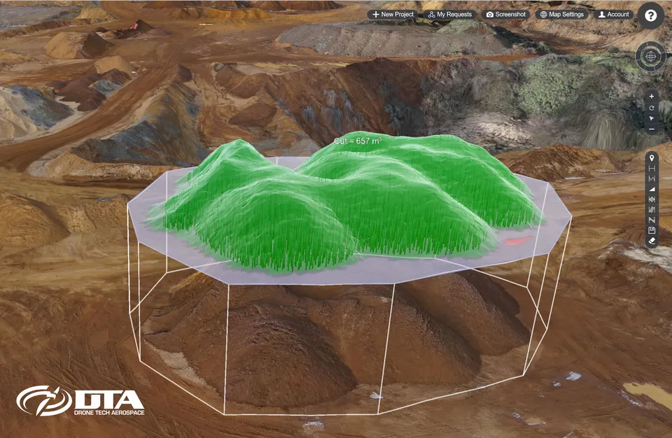 Aerial photograph of stockpiled aggregate mounds in a quarry, arranged in rows ready for volumetric measurement.