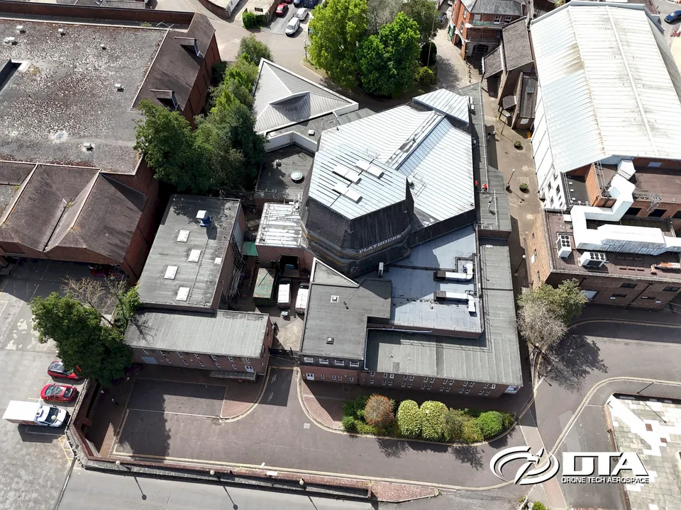 Aerial photograph of a theatre building and surrounding grounds at Salisbury.