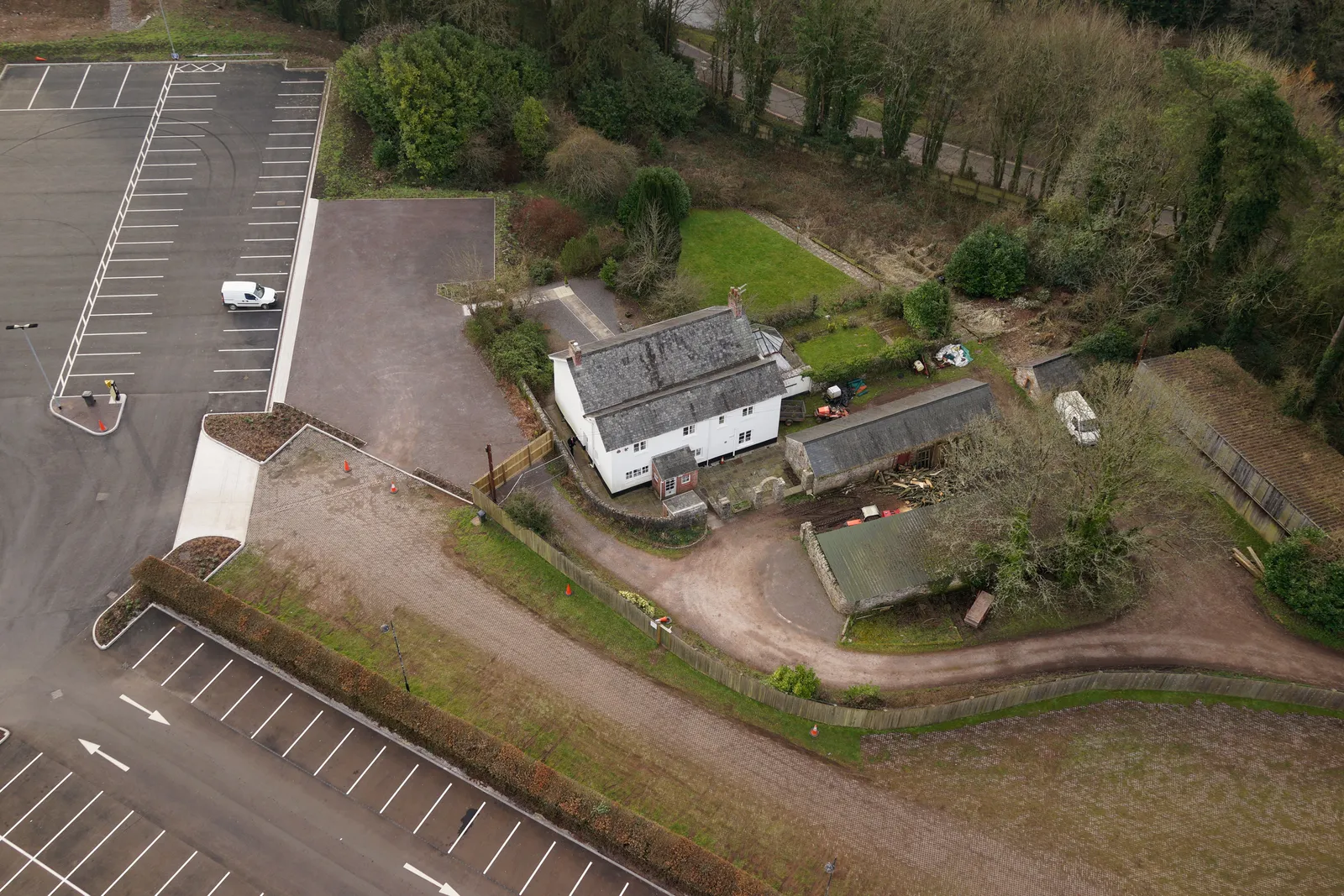 Aerial photograph of traditional Welsh cottages and farm buildings within the St Fagans museum grounds.
