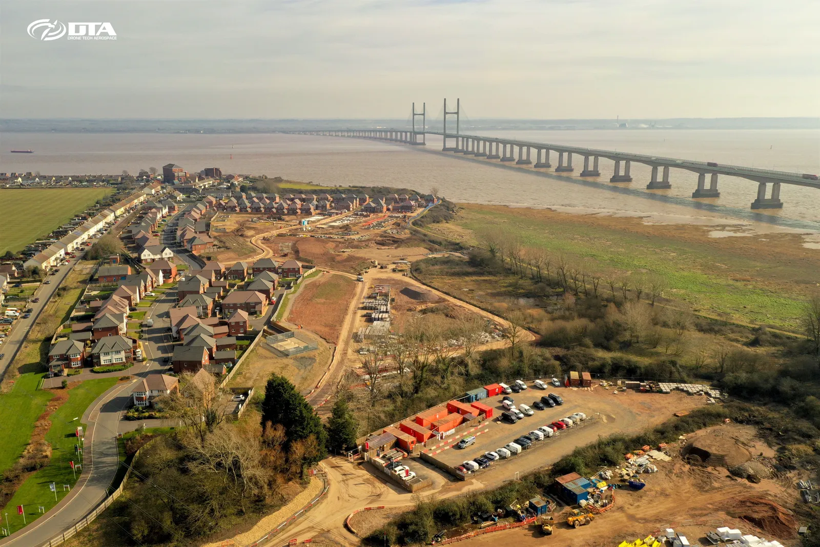 Aerial photograph of an earthworks and groundworks area on a residential construction site at Sudbrook.