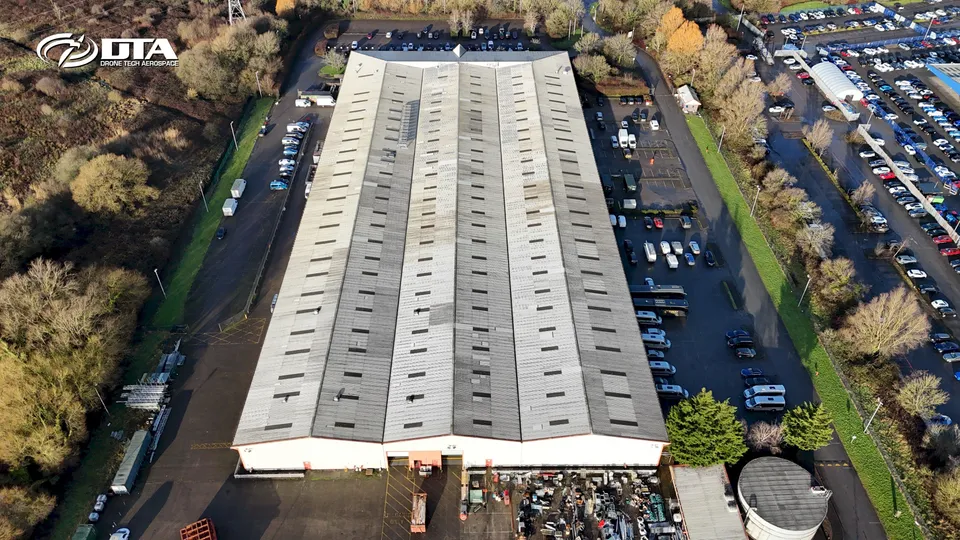 Aerial photograph looking down on a studio building roof in Newport.
